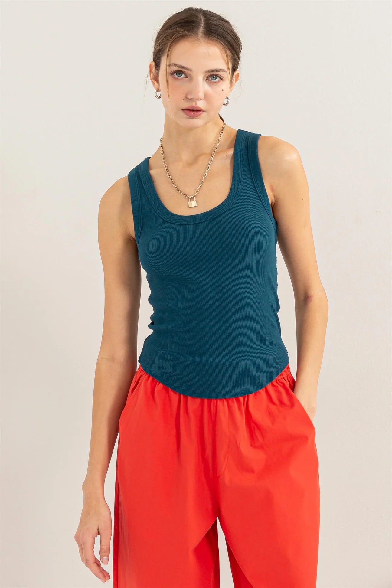 Ribbed Scoop Neck Tank - Dark Teal