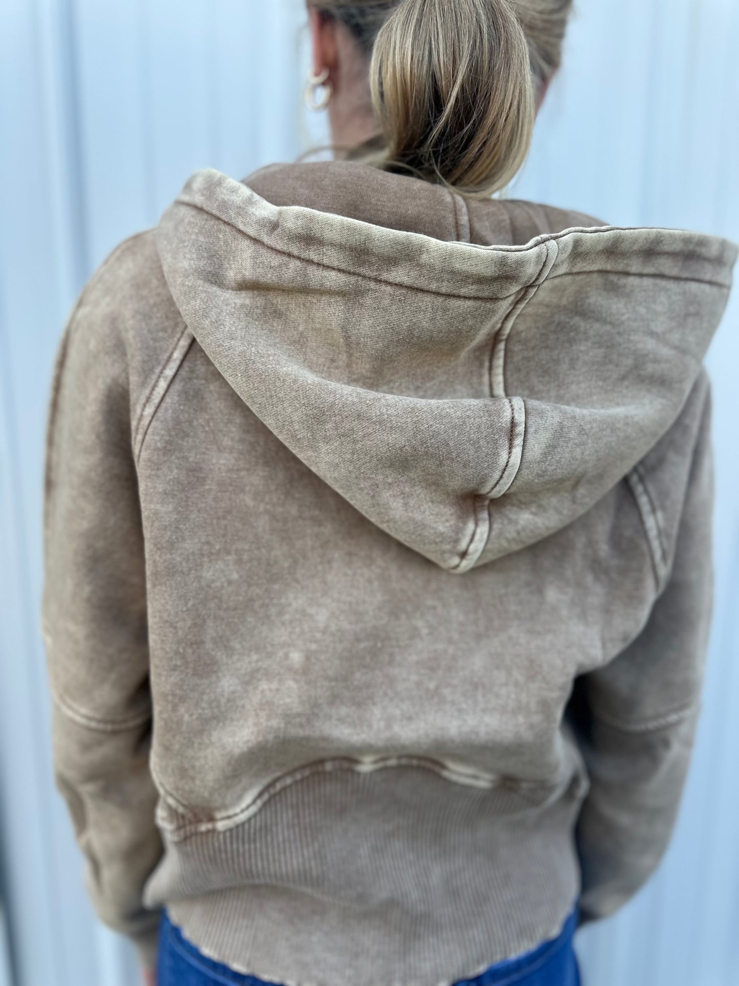 Hooded Acid Washed Quarter Zip - Camel