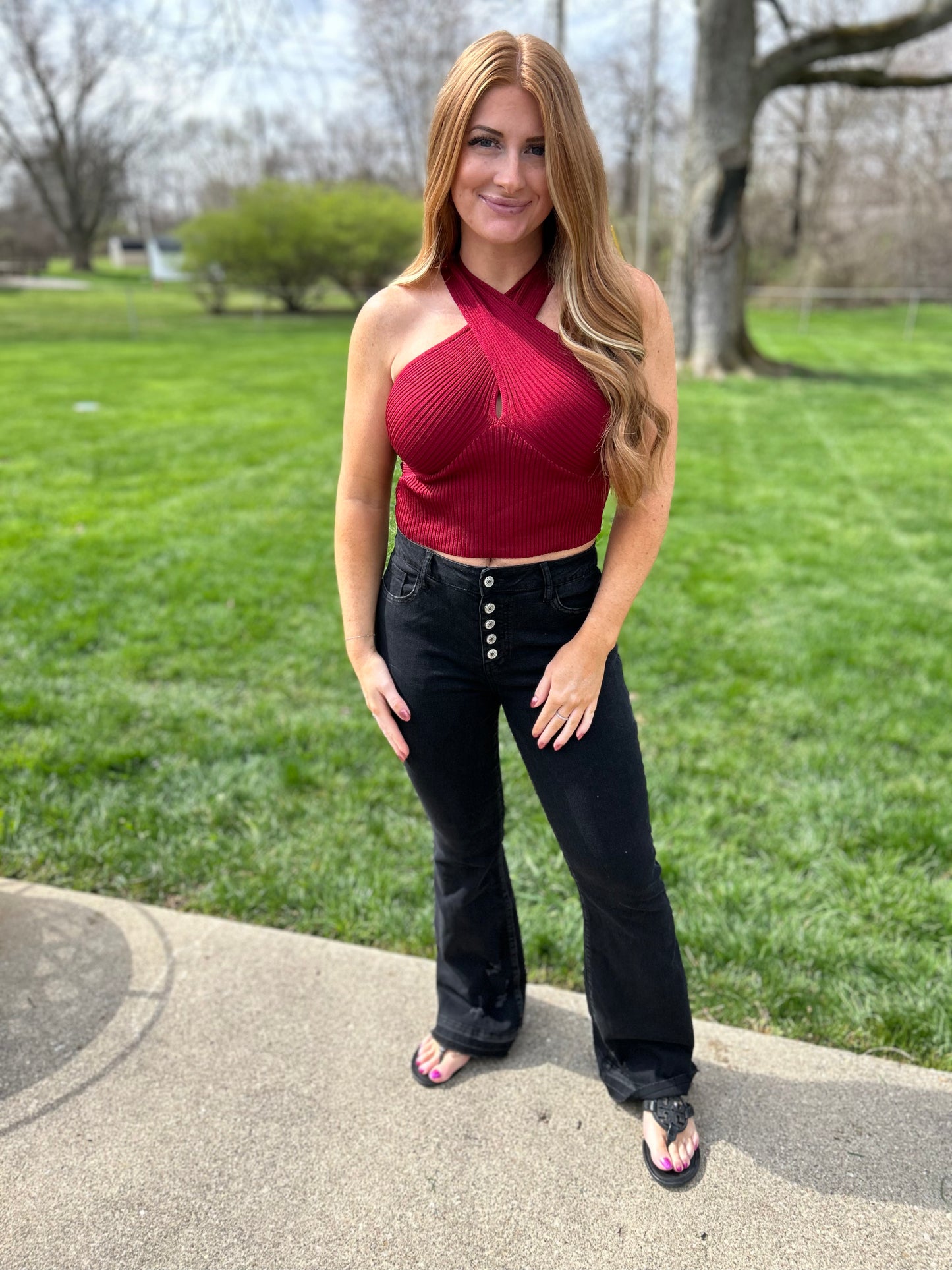 Wine Crossneck Knit Top