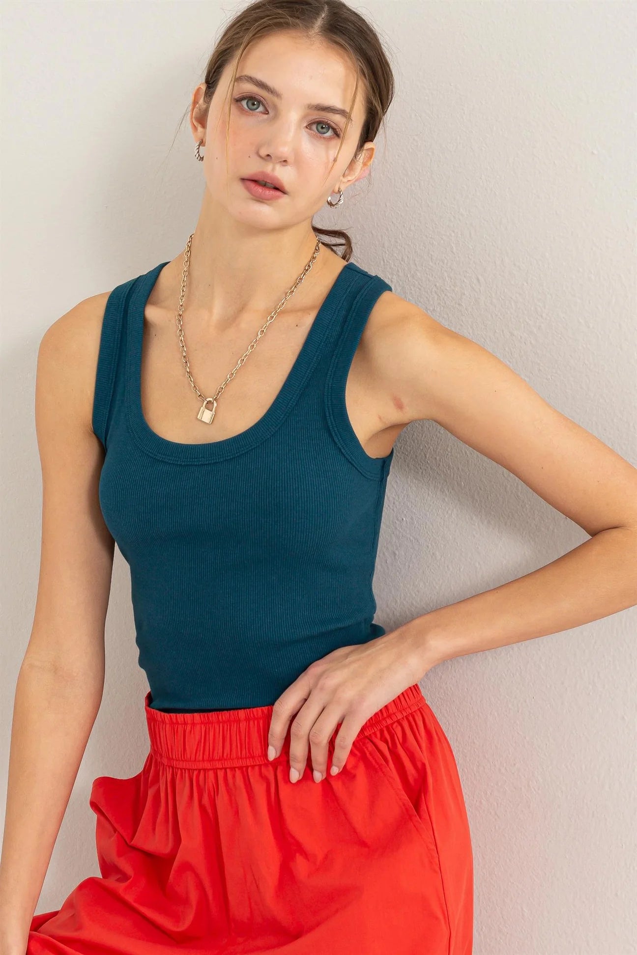 Ribbed Scoop Neck Tank - Dark Teal