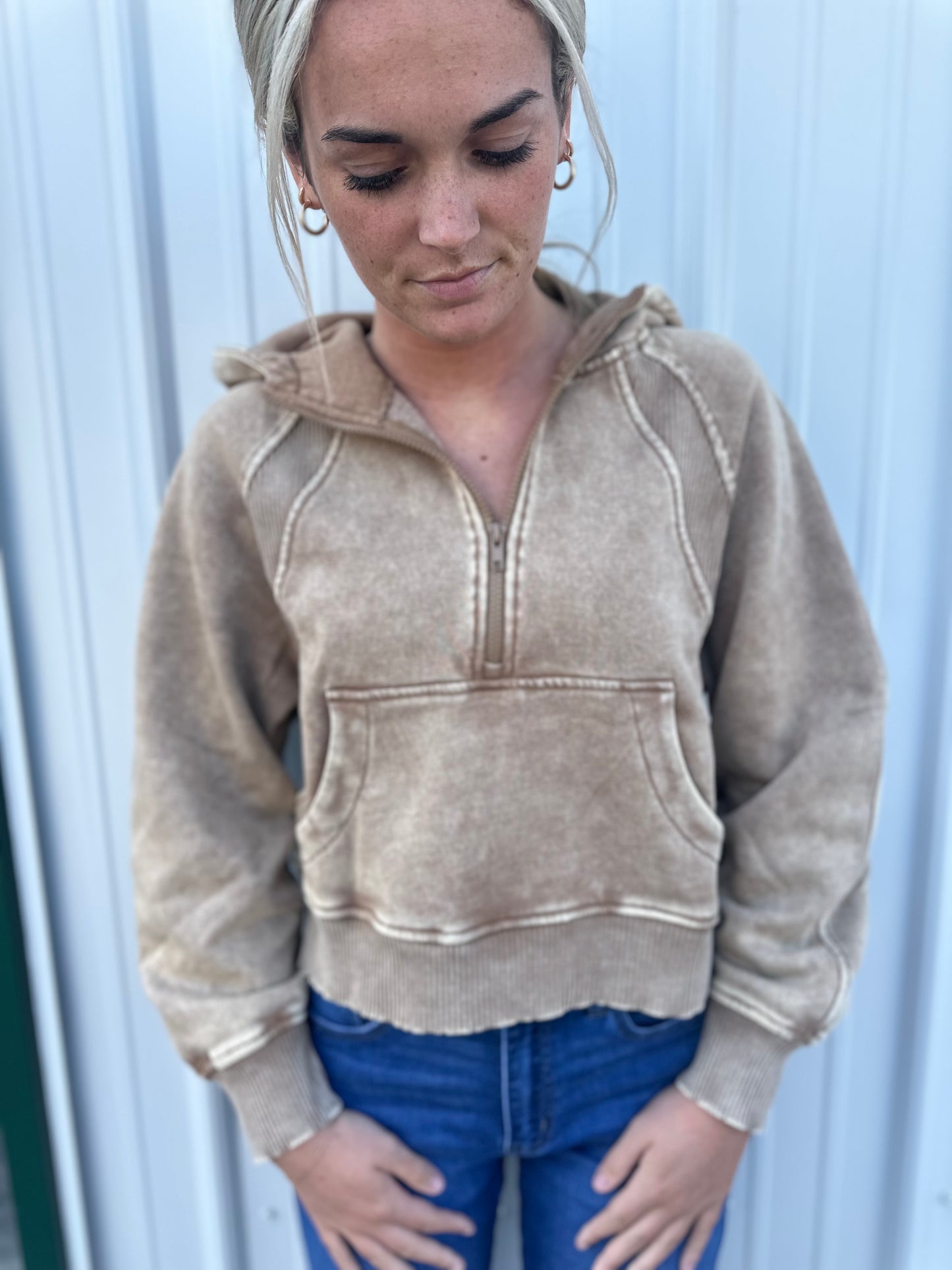 Hooded Acid Washed Quarter Zip - Camel