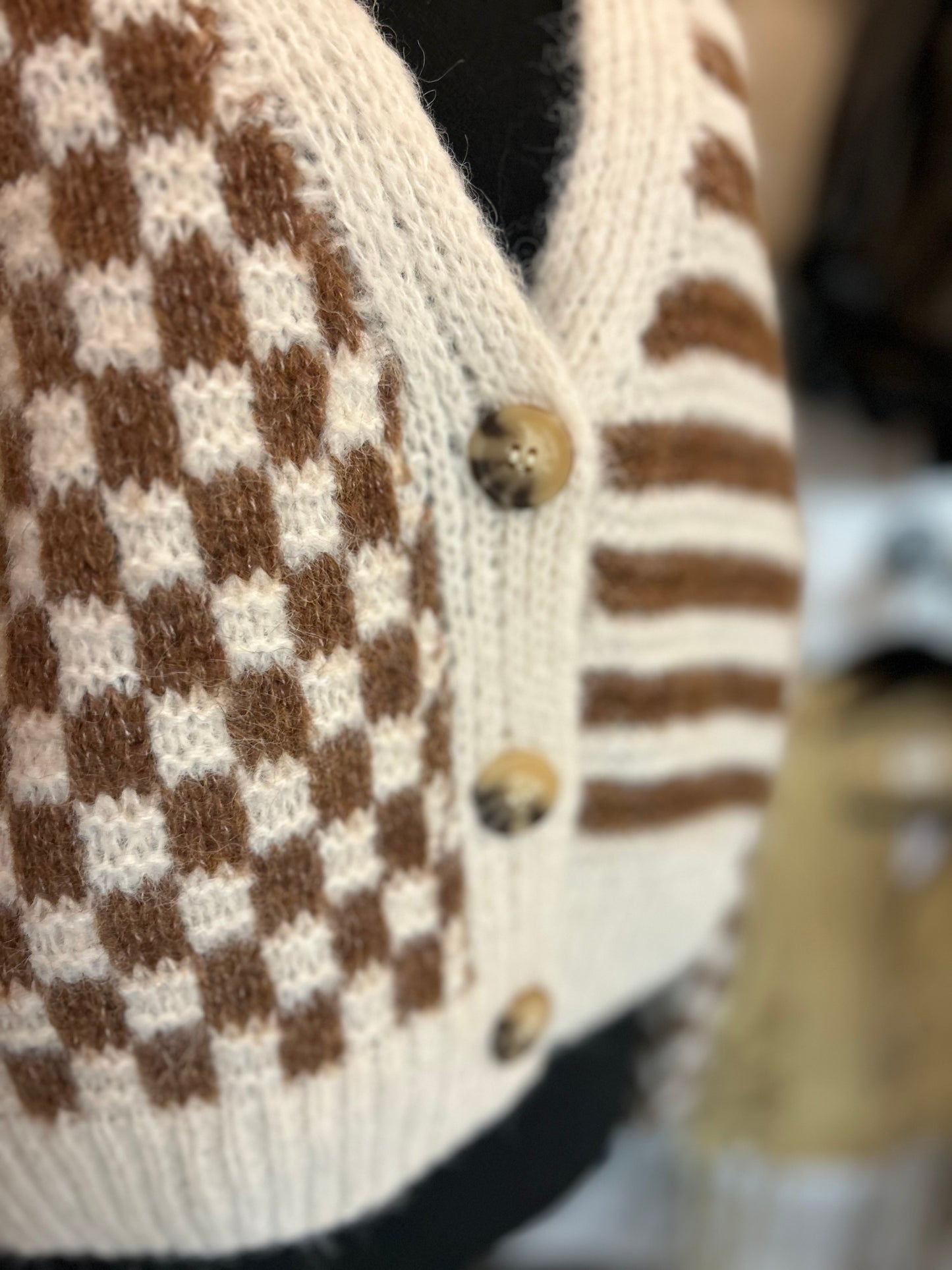 Stripe and Checkered Drop Shoulder Cardigan - Brown