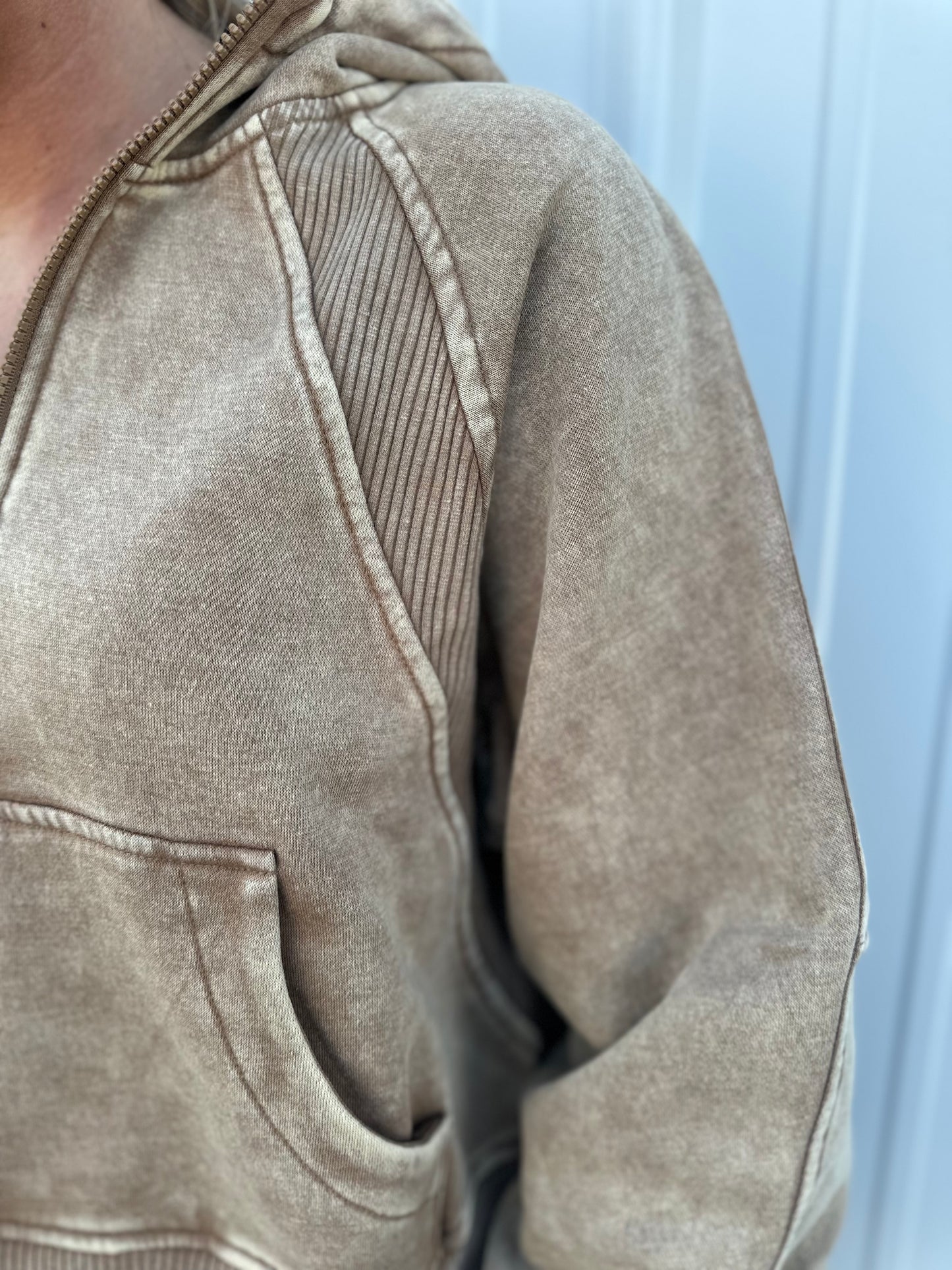 Hooded Acid Washed Quarter Zip - Camel