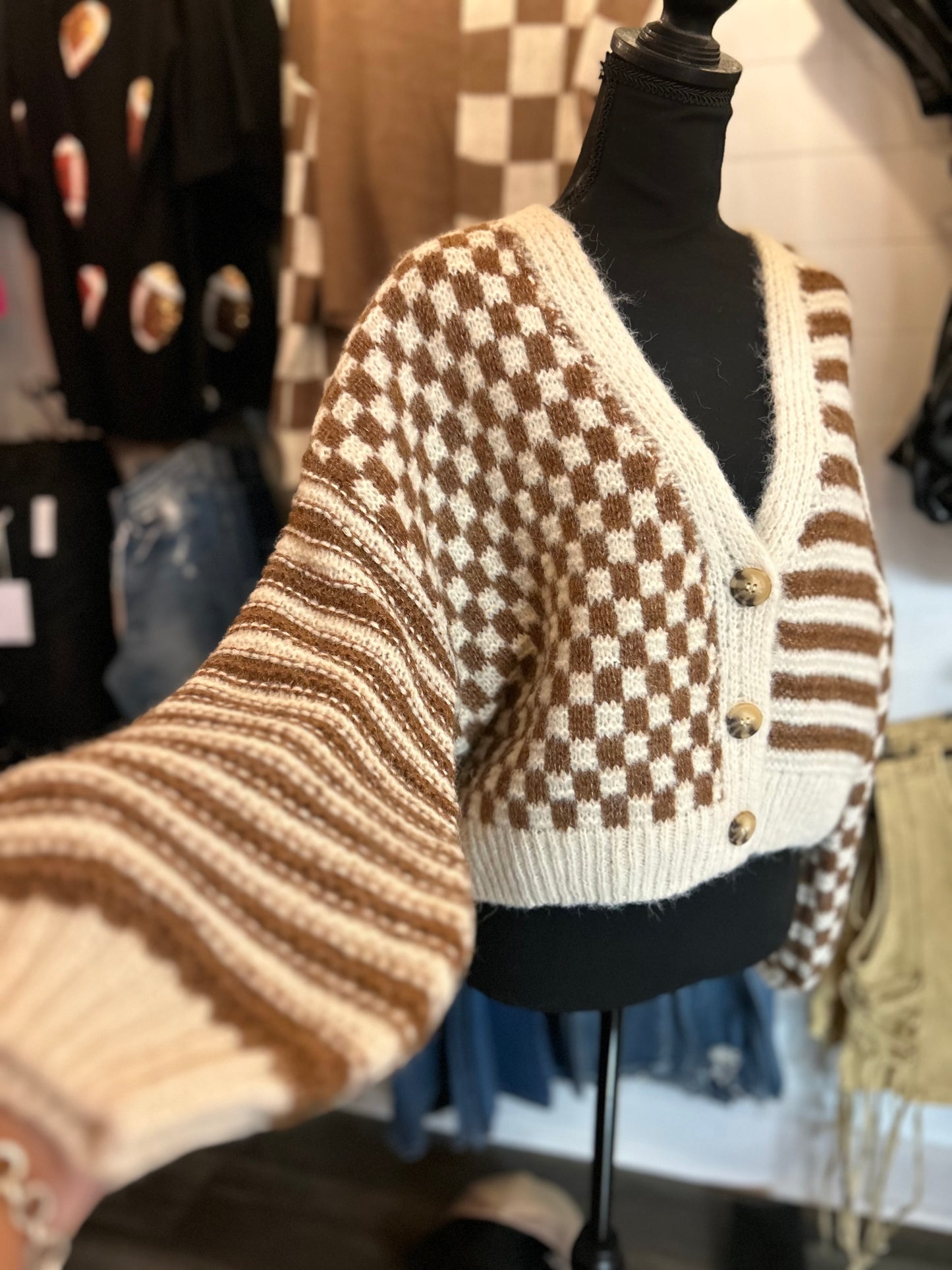 Stripe and Checkered Drop Knit Cardigan - Brown