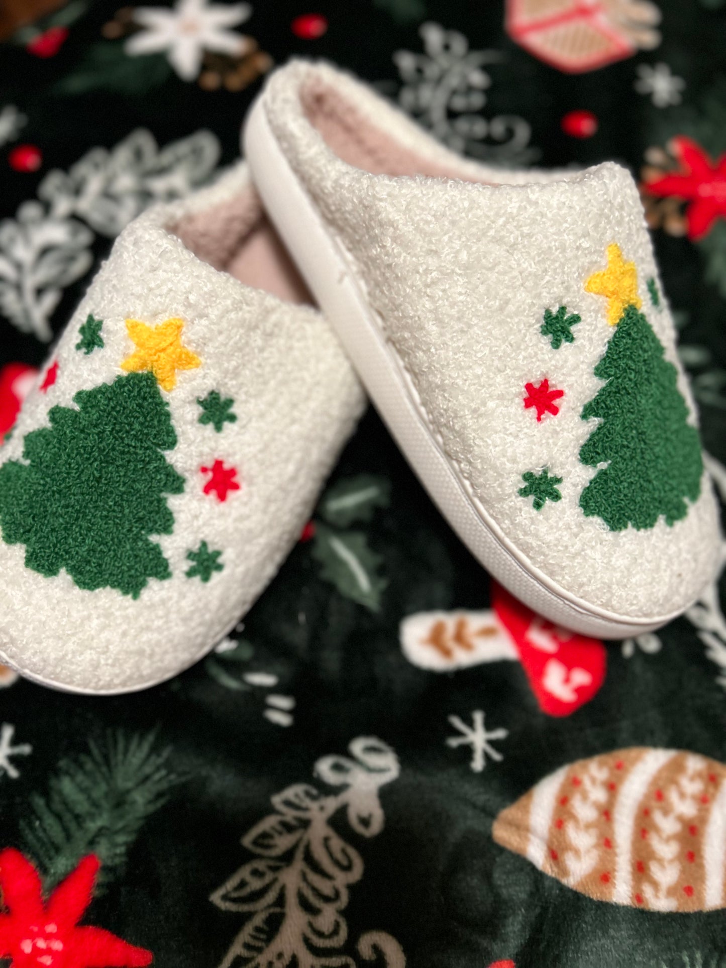 Fuzzy Christmas Tree Slippers