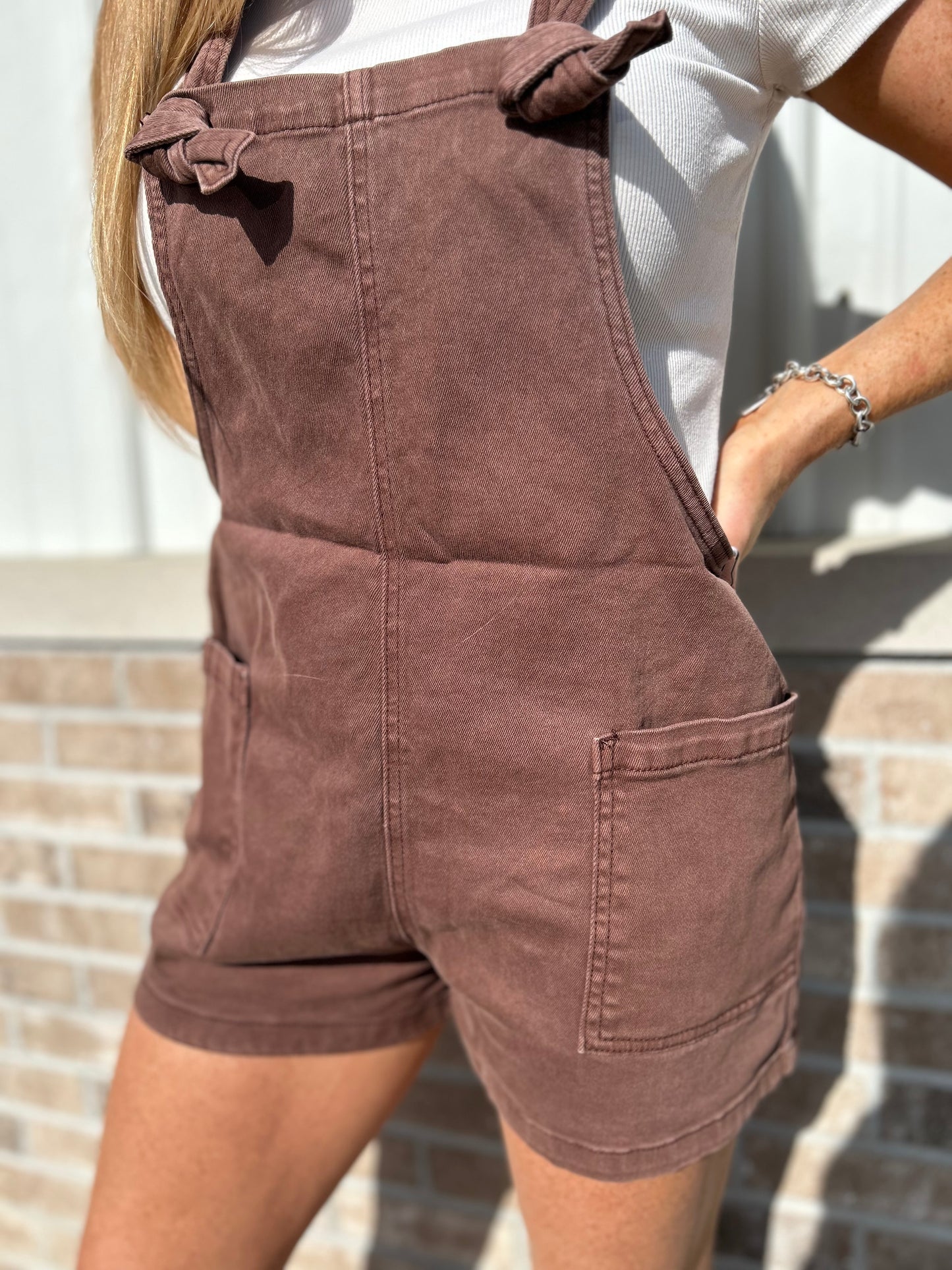 Washed Knot Tie Romper - Mocha