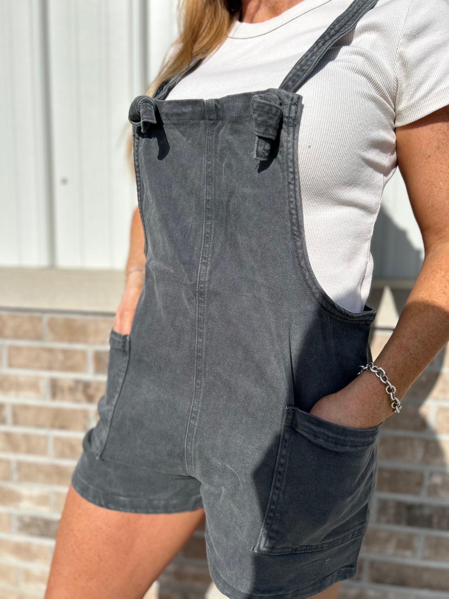 Washed Knot Tie Romper - Ash Black