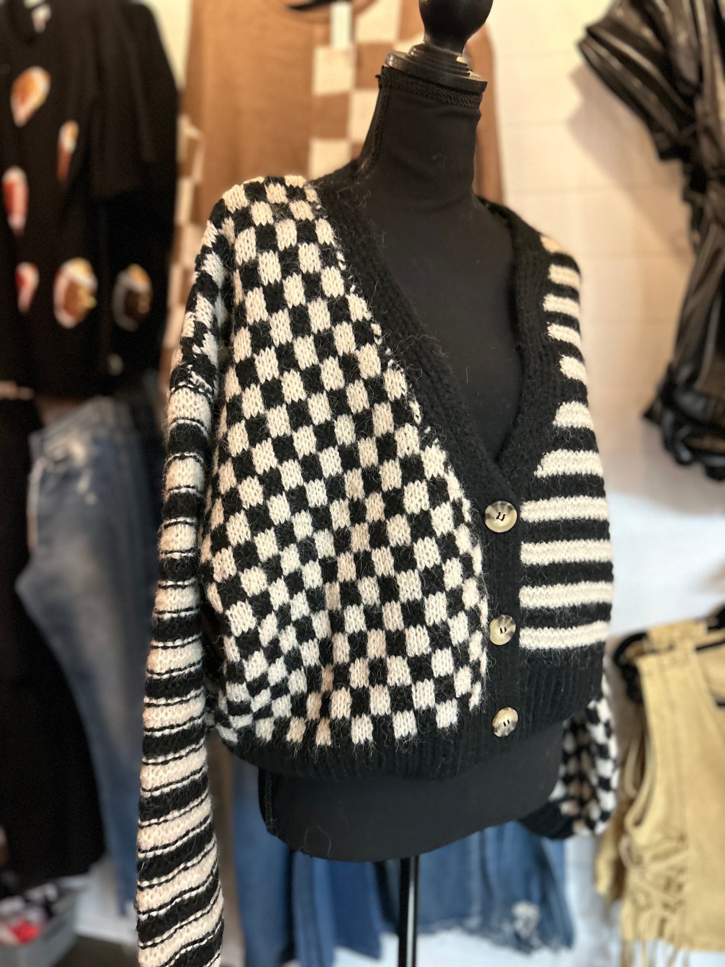 Stripe and Checkered Drop Shoulder Cardigan - Black