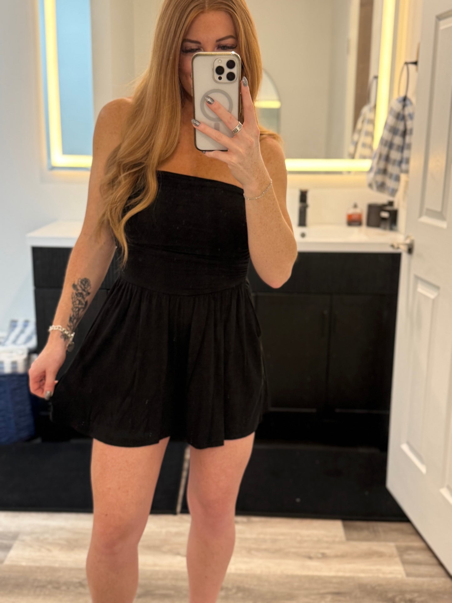 Sassy in Black Strapless Romper