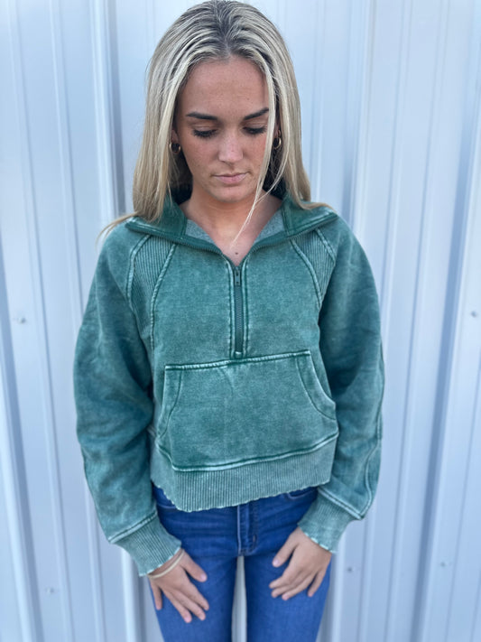 Acid Washed Half Zip - Emerald