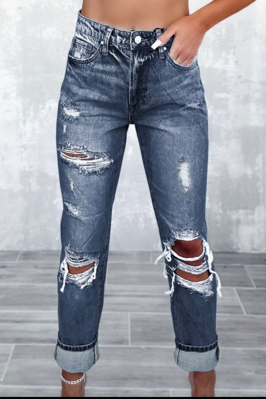 Distressed High Rise Skinny - Dark