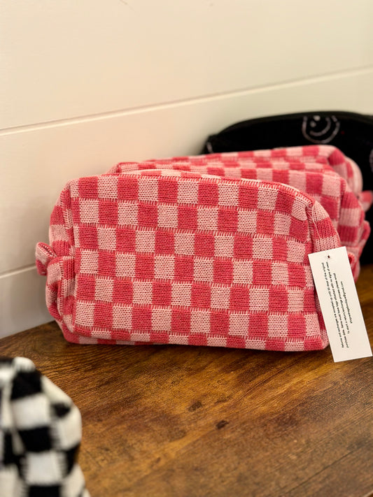 Pink Checkered Cosmetic Pouch