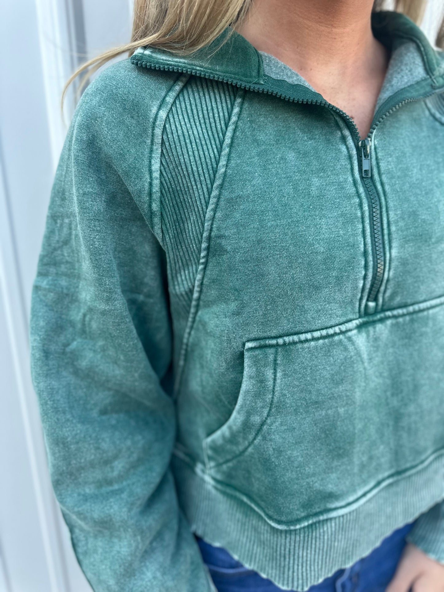 Acid Washed Half Zip - Emerald