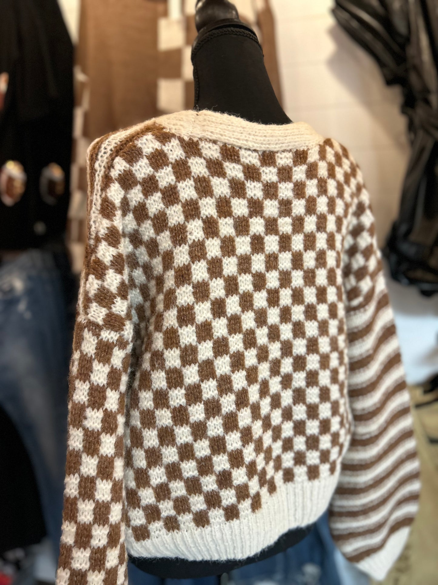 Stripe and Checkered Drop Knit Cardigan - Brown