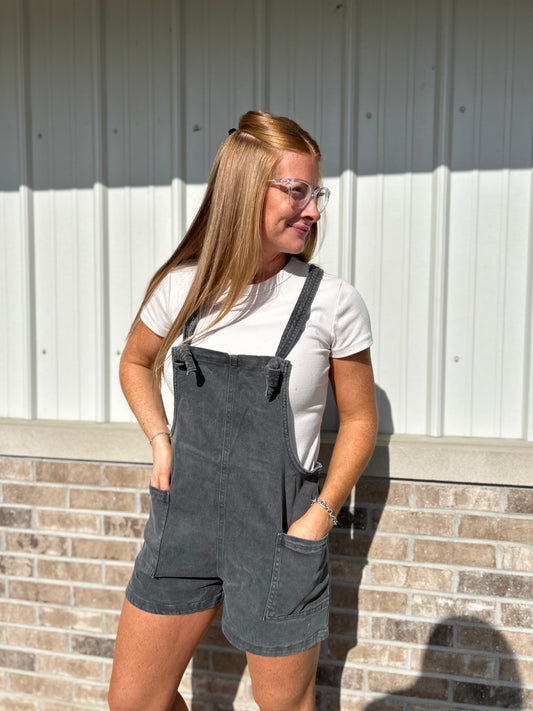 Washed Knot Tie Romper - Ash Black