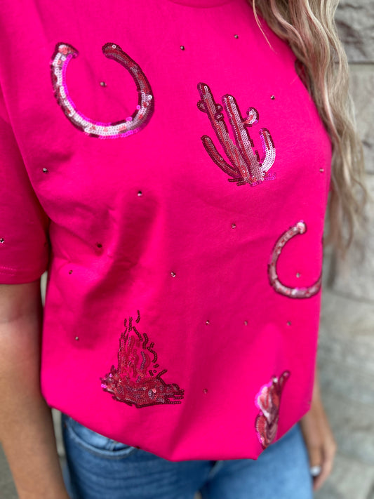 Pink Western Sequin Tee