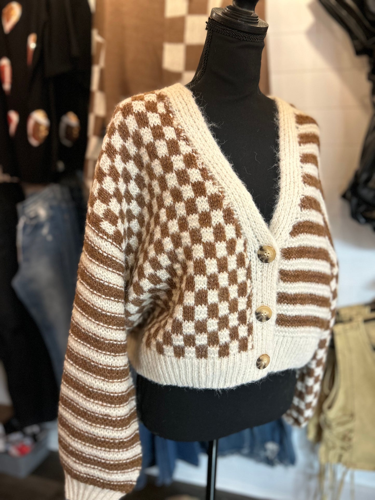 Stripe and Checkered Drop Knit Cardigan - Brown