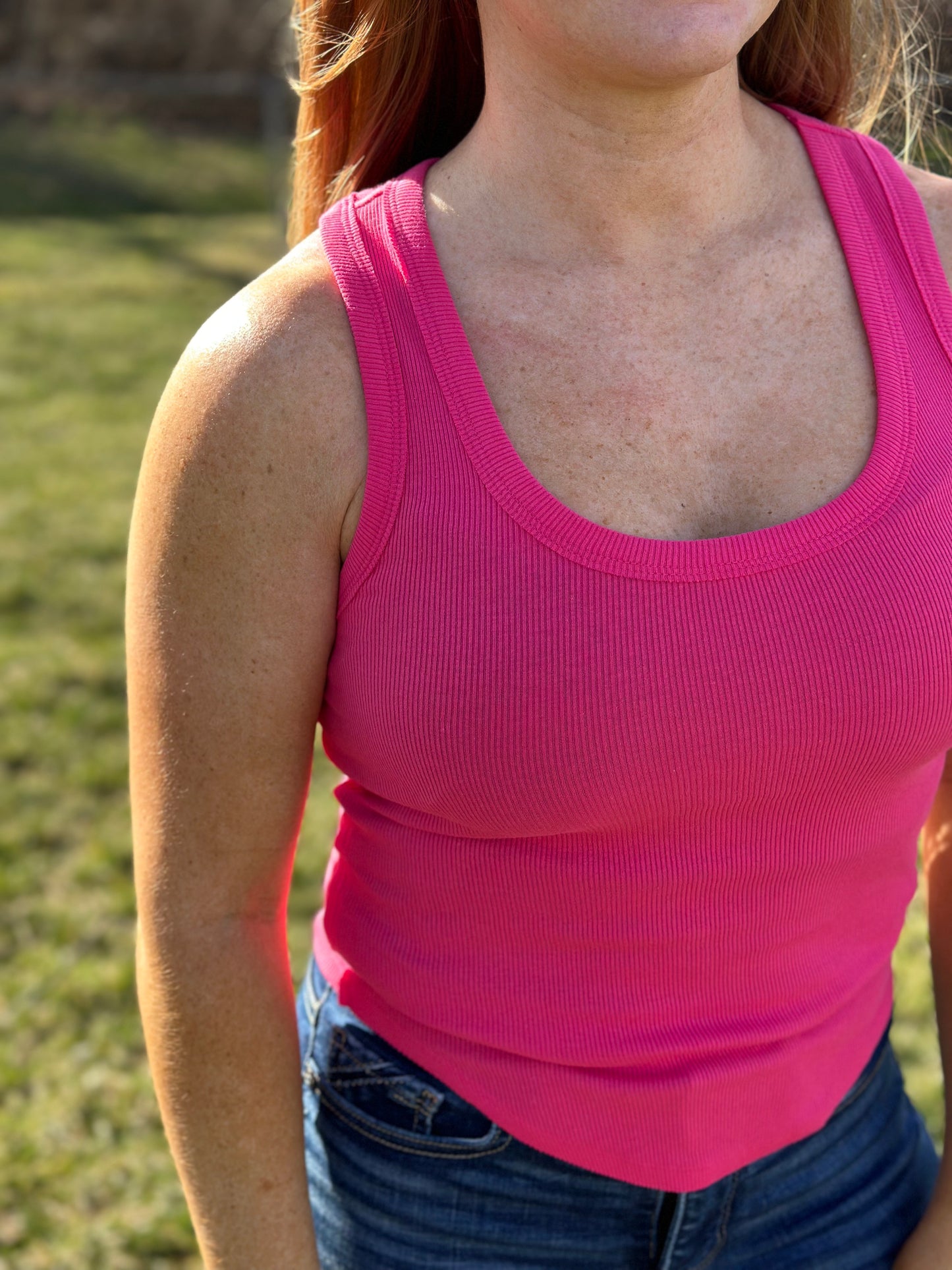 Ribbed Scoop Neck Tank - Raspberry