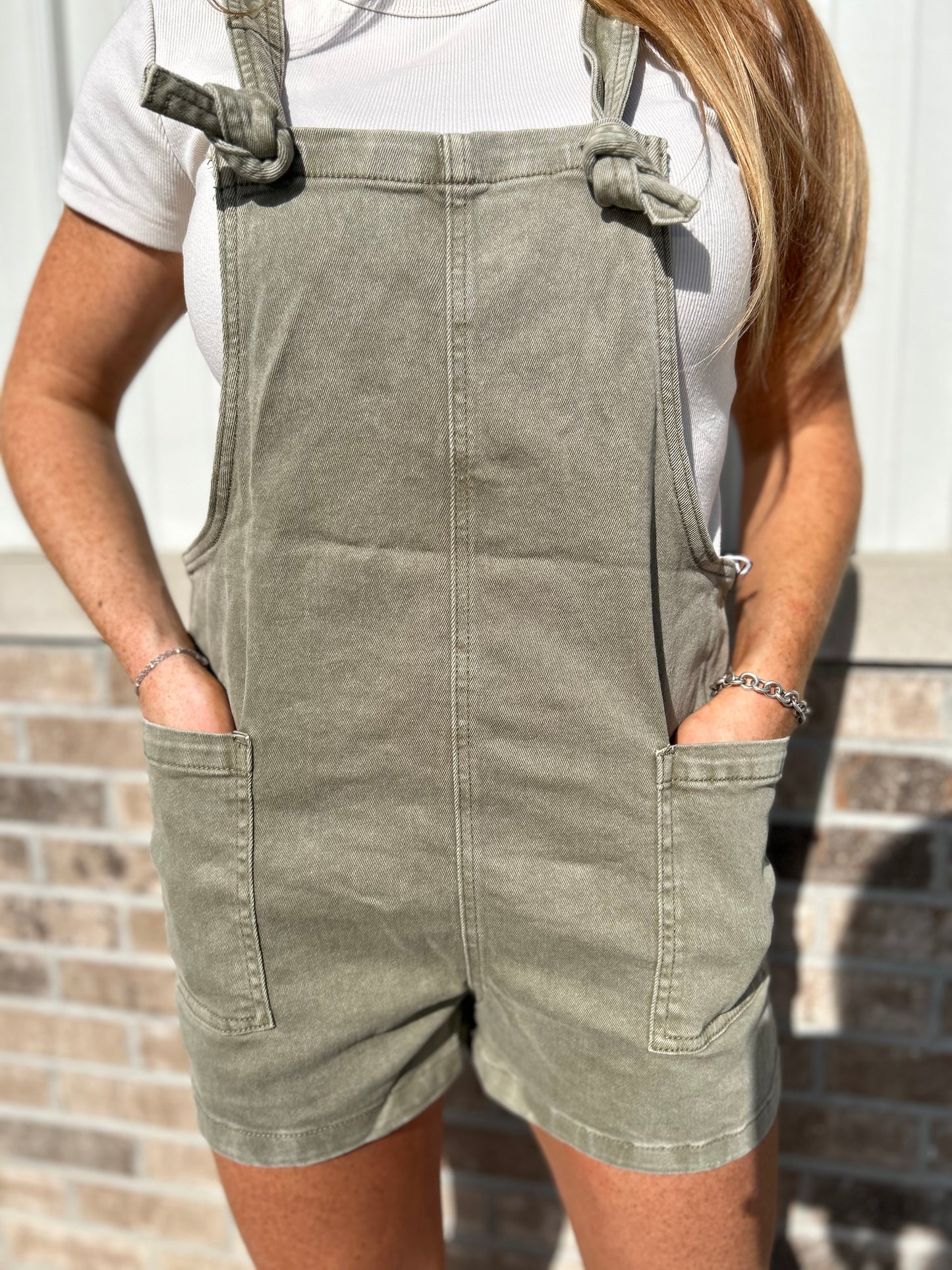 Washed Knot Tie Romper - Olive